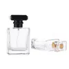 Mest populära tomma fyrkantiga klara glas parfymflaskor 50 ml kristall tom spray med svart transparent pumpsprayer keps dh205