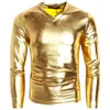 Men's TShirts Men Black Shiny Glossy Plus 5XL Faux Leather Tshirts Slim Fit V Neck Long Sleeve Tops Nightclub Party Performance Costumes 230206