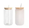 US Stock 12oz 16oz Sublimation Glass Beer Mugs with Bamboo Lid Straw DIY Frosted Clear Drinking Utensil Coffee Wine Milk Beer Juice Cold Drinkware 2 Days Delivery