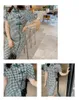 Vestidos de tallas grandes Mujer Verano Retro Cheongsam mejorado Cintura alta Vestido delgado a cuadros Vestido grande