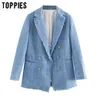 Toppies 2020 Blue Twill Tweed Veste Vintage Treillis Femmes Costume Vestes Dames Asymétrique Double Boutonnage Manteau LJ200824