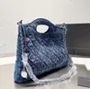 Designer Totes Denim Shopping Bag Blue Black Embroidered Distressed Fashion Soft Canvas Bag Quilted Plaid Silver Metal Chain Large Capacity