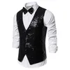 Błyszcząca złota cekina błyszcząca kamizelka Mężczyźni Slim Fit V Neck 2 sztuki kamizelka męska z Bowtie Wedding Party Costume Prom Gilet 220704