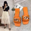 2022 Ins Women Summer Slipper Square Toe Chain Slippers Slip on Flat Slide Sandals Beach Flip Flops Casual Shoes Woman Plus Size H220409