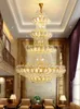 Golden Lotus Crystal Chandeliers LED Modern Big Long Chandelier Lights Fixture European Flower Multi-Layer Hanging Lamps Temple Villa Home Indoor Lighting D150cm