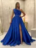 Couture Royal Blue One Shoulder Evening Dresses high side slit Long Satin Slit Ball Gown Formal prom Gowns Elegant Vestidos