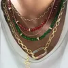 Natürliche Schmuck-Quarz-Gold-CZ-Kristall-Zirkon-Pflaster-Stein-Karabiner-Spring-Medaillon-Verschluss-Rot-Grün-Achat-Halskette mit Perlen für Frauen