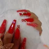 24pcs design luxury jewelry long ballet coffin fake nails crystal diamond High end red 1 220716