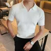 Britischen Stil POLO Shirts Männer Stricken Kurzarm Shirts Einfarbig Revers Business Casual Top Sommer Sozialen Kleidung 3XL 220514