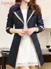 Aelegantmis Autumn Women Double Breasted Long Trench Coat Khaki med Belt Classic Casual Office Lady Outwear Fall 220804
