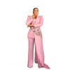 핫 핑크 레드 카펫 패션 여성 바지 정장 2 조각 슬림 맞는 크리스탈 비즈 댄스 파티 저녁 파티 착용