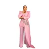 Hot Pink Red Carpet Fashion Femmes Pantalons Costumes 2 Pièces Slim Fit Cristal Perles Prom Soirée Porter