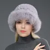 Women Rex Rabbit Fur Hat Winter Warm Cap Real Fox Fur Brim Earmuffs Travel