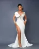 2022アラビア語aso ebi mermaid lace crystals wedding gowns sheer longleves neckside split Split Crystal Beads Bridal Dress with Tachable Train OverkirtSB0408