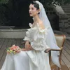 Bridal Veils VS323 Wedding Decorations For Bride Oriental Veil Brides Ivory Lace Ribbon Flower Applique Sweet Fresh StyelBridal