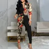 Women's Two Piece Pants 2022 Trendy Elegant Set Outfits Women Striped Print Colorblock Knot Front Buttoned Top & High Waist