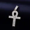 Hip Hop Zircon Egyptian Ankh Key of Life Necklace with 24inch Rope Chain Copper Cross Pendant Cubic Zirconia