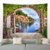 Tapestry Beach Landscape Wall Carpet Vintage Bow Flowers Plants Sea Boat Nature