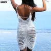 Vestido de praia de crochê de crochê de crochê de crochê, mulheres sexy, vendo através de maiô de biquíni cobertura de malha de malha em colo de banho de pescoço T200416