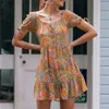 AYUALIN praia boho laranja foral impressão mini vestidos mulheres manga curta puff vintage algodão vestido de verão vestidos uma linha robe 220531