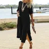 Casual jurken Vintage katoenen linnen vrouwen Slit jurk 2022Summer Harajuku Pocket Lange Mouw Party Loose Solid Maxi Vestidocasual