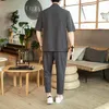 MRGB MEN S MODUSKLEDING KLEDING KLAARTEN LINEN Oversize Men Pak vaste nep twee t -shirt man enkel lengte broek casual mannelijke sets 5xl 220705