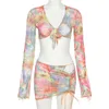 Casual jurken Mesh Sheer Floral Printed Sexy Vacation Style Chic Sets Long Sleeve Tops Mini Bandage Rok Club Beach Suits Vrouw