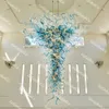 Lampe à suspension pour hall d'hôtel, villa, grand lustre en verre de Murano soufflé à la main pour décoration de plafond haut, couleur champagne bleu vert 60 pouces