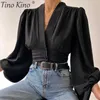 Cropped Lantern Sleeve Women's Shirt Deep V-neck Pleated Spring Summer Blouses Women Fashion Office Lady Shirts Tops 220513