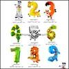 Autres fournitures de fête d'événement Festive Home Garden 16Inch Animal Aluminium Foil Balloon 0-9 Cartoon Number Enfants Anniversaire Décoration Hélium