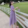 Purple Summer Pregnant Women Dress med korta ärmar Square Collar Maternity Beach Dress Cord Long Loose Pregnancy Dress J220628