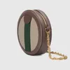 Designer Luxury Fashion Ladies PU Round Cake Messenger Bag Double Sided Printing Red and Green Canvas Decorative Strip Metal Chain