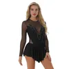 Stage Wear Women Shiny Rhinestone Figure Skating Dress Ladies See-through Mesh Patchwork Long Sleeve Ruffle Leotard Ballet Dancewear