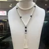 Hand knotted long natural 5-6mm necklace white freshwater pearl inlaid with black stone tassel sweater chain fashion jewelry