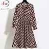 2021 Kvinnor Casual Autumn Winter Dress Long Sleeve Bow Collar Lady Korean Style Vintage Floral Printed Chiffon Shirt Long Dresses 210322