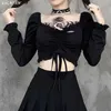 Goth Black Bodycon Crop Top Women's T-Shirts Aesthetic Sexy V-Neck Long Sleeve Corset Y2K Harajuku Vintage Korean Fashion Tops 220402