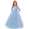 New Princess Lace Dress Kids Flower Embroidery Dress For Girls Vintage Children Dresses For Wedding Party Formal Ball Gown 14T G220428