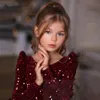 2022 Sequin Burgundy Baby Girl Dress Velvet Full Sleeves Flower Dress Knee Length Dresses For Girls Bow Puffy First Communion B0602A13