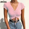 Aproms Sexy V Neck Cropped Tank Tops Women Drawstring Tie Up Front Camis Candy Colors Streetwear Slim Fit Ribbed Crop Top 2019 C190420