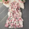 Aibeautyer Summer Casual Short Pullover Dress Chiffon Floral Print V Neck A Line High Waist Mid-Calf Women Dresses 220516