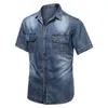 Denim Shirts Men 2022 Spring Summer Short Sleeve Vintage Casual Turndown Collar Buttons Shirt Male Blue HA154 Men's