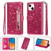 Glitzer Leder Reißverschluss Brieftasche Flip Cases Fotorahmen Kartensteckplatz TPU Cover Free Strap für iPhone 14 13 12 11 Pro Max XR XS X 8 Plus Samsung S20 FE S21 S22 Ultra