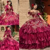 Burgundy Ball Gown Quinceanera Dresses With Jacket Appliqued Sweetheart Neckline Beaded Prom Gowns Tiered Sweep Train Ruffled Sweet 15 Masquerade Dress