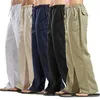 Męskie spodnie Summer Men Solid Kolor Linen Multi-Papies Prosty zwykły plus oddychający oddychający wydzielny sznurka
