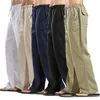 Calça masculina de verão masculino linho de linho sólido de linho de linho reto e de tamanho grande e respirável de tração de tração solta