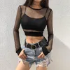 Camiseta feminina Sexy Black Hollow Out Mesh feminino Skinny Crop Top 2022 Fashion Summer Tops básicos para mulheres camisa de pesca