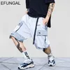 EFUNGAL Hip Hop Knee Length Pocket Reflective Stripe Summer Shorts Men Fashion Streetwear Loose Jogger Male Urban 220318
