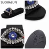 Suojialun Women Shoes Sweet Beach Slippers Summer Woman Fashion Bring Bling Rhinestone Flat Slides BlackEva 220627