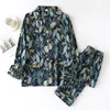 春と秋の長袖のビスコットンズボンズスリーウェアパジャマ220329のためのツーピースセットの女性の家の服