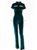 Macacões de veludo de zíper verde sibybo para mulheres de manga curta pernas largas macacão mola femme gole de gola virada sexy roupas 220719